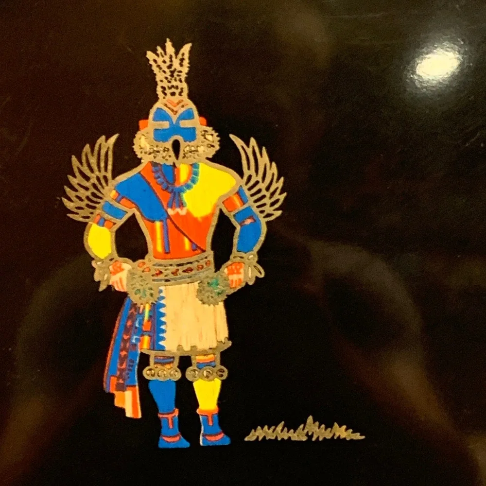 Hummingbird Kachina Serving Couroc Tray Black Vintage MCM Inlaid Art